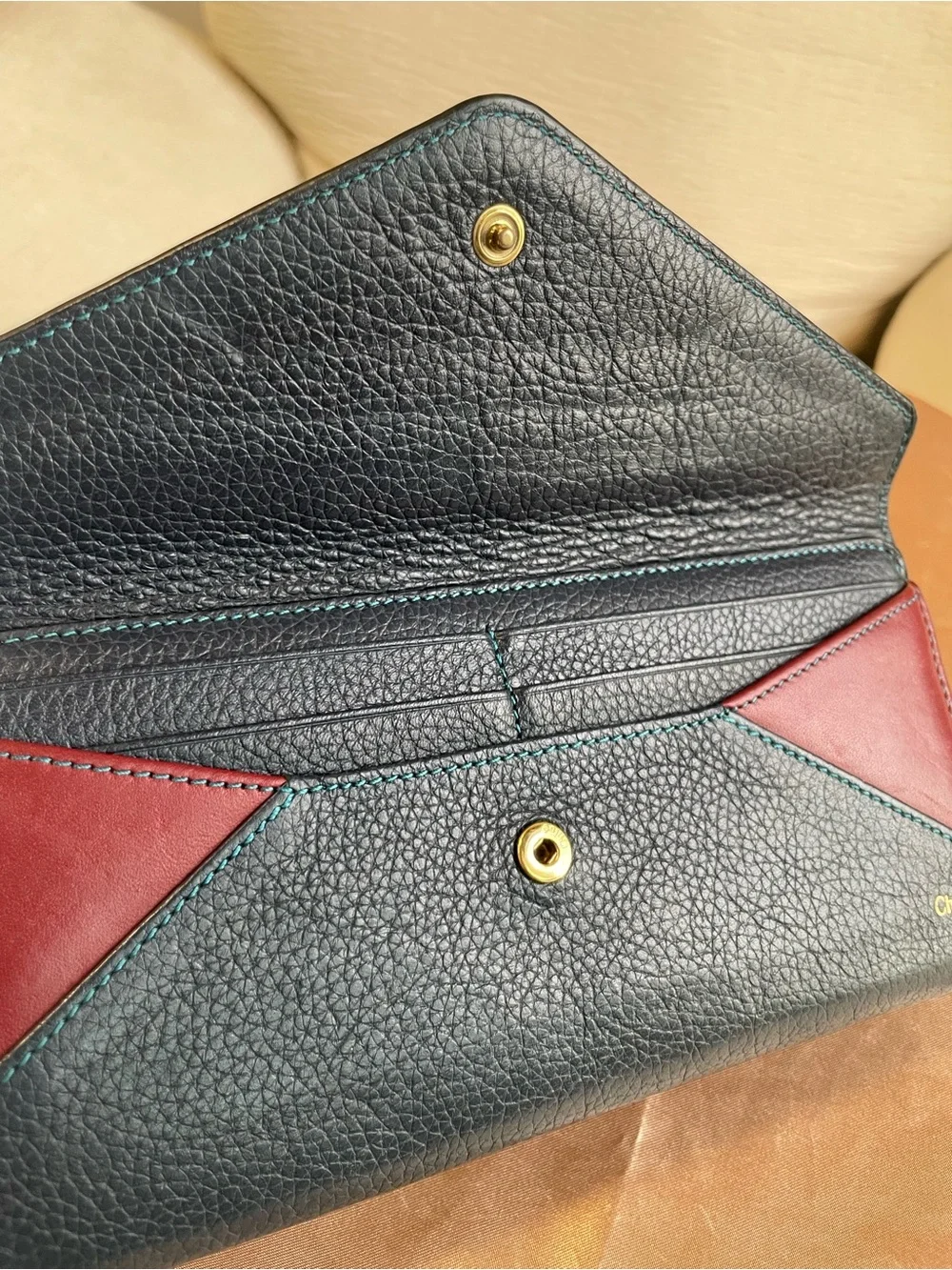 Chloé Tri-Color Leather Continental Wallet — Teal, Navy & Burgundy
